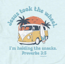 Load image into Gallery viewer, Jesus Took The Wheel T-Shirt | Christian Faith & Snack Humor Tee | Proverbs 3:5 Trust God Shirt