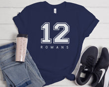 Load image into Gallery viewer, Romans 12, Faith Based T-Shirt, TShirt with Scripture, Christian T-Shirt for Men, Christian T-Shirt for Women, Varsity Letter Short-Sleeve Unisex T-Shirt