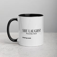 Load image into Gallery viewer, She Laughs Proverbs 31:25 Mug with Color Inside