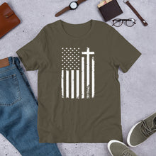 Load image into Gallery viewer, God and Country Distressed Flag & Cross t-shirt
