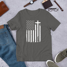 Load image into Gallery viewer, God and Country Distressed Flag & Cross t-shirt