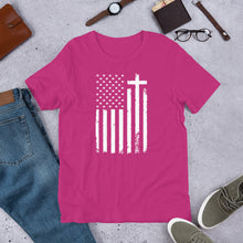 Load image into Gallery viewer, God and Country Distressed Flag & Cross t-shirt