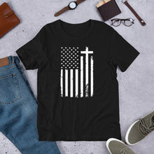 Load image into Gallery viewer, God and Country Distressed Flag & Cross t-shirt