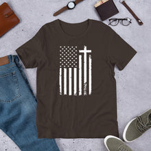 Load image into Gallery viewer, God and Country Distressed Flag & Cross t-shirt