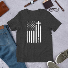 Load image into Gallery viewer, God and Country Distressed Flag & Cross t-shirt