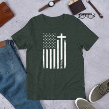 Load image into Gallery viewer, God and Country Distressed Flag & Cross t-shirt