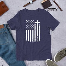 Load image into Gallery viewer, God and Country Distressed Flag & Cross t-shirt