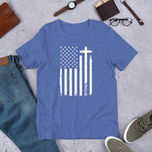 Load image into Gallery viewer, God and Country Distressed Flag & Cross t-shirt