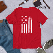 Load image into Gallery viewer, God and Country Distressed Flag & Cross t-shirt