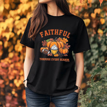 Load image into Gallery viewer, Faithful Through Every Season Christian Fall T-Shirt – Ecclesiastes 3:1 with Latte, Football, Pumpkins &amp; Leaves
