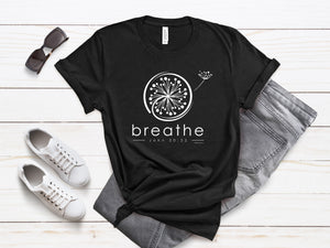Faith-based Bella+Canvas t-shirt featuring an inspirational I Peter 5:7 design, encouraging you to cast your cares on God and breathe deeply in a chaotic world."