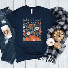 Load image into Gallery viewer, Lord of the Harvest Matthew 9:38 Christian Fall T-Shirt – Rustic Boho Floral &amp; Pumpkin Design
