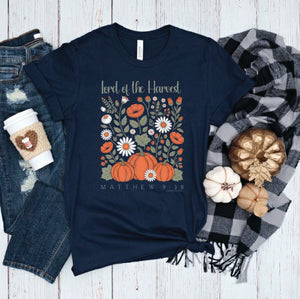 Lord of the Harvest Matthew 9:38 Christian Fall T-Shirt – Rustic Boho Floral & Pumpkin Design