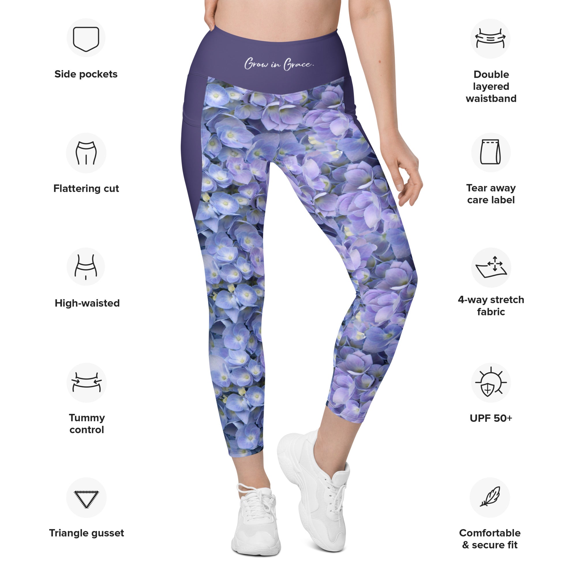 Hydrangea Leggings with pockets, All over printed leggings for women -  yoga, running or chilling at home - ready for anything! – Life Prep Tools