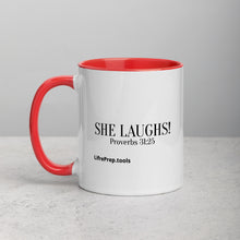 Load image into Gallery viewer, She Laughs Proverbs 31:25 Mug with Color Inside
